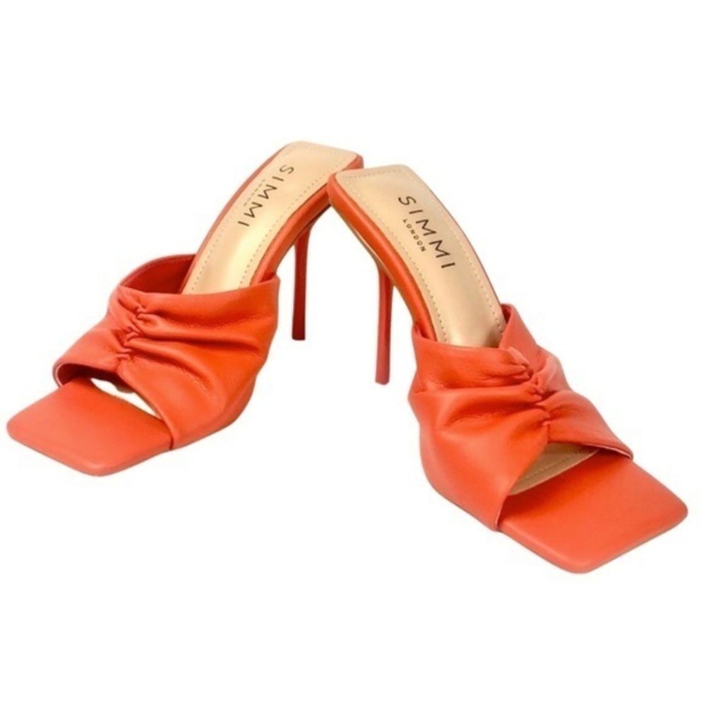 Simmi London Ruched Square Toe Orange Mule Slim Stiletto Sandal Heels Y2K 90s